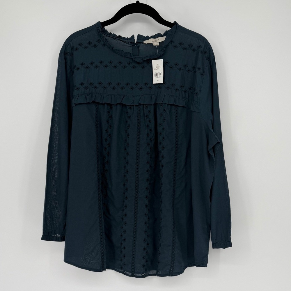 Ann Taylor LOFT Womens XL Teal Blue Eyelet Embroidered Ruffle Cotton Blouse NEW
